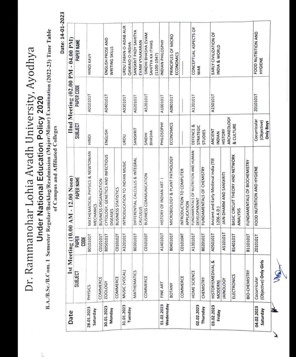 RMLAU Exam Time Table 2023